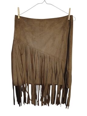 Fringe Suede Wrap Skirt in Camel Brown Size S